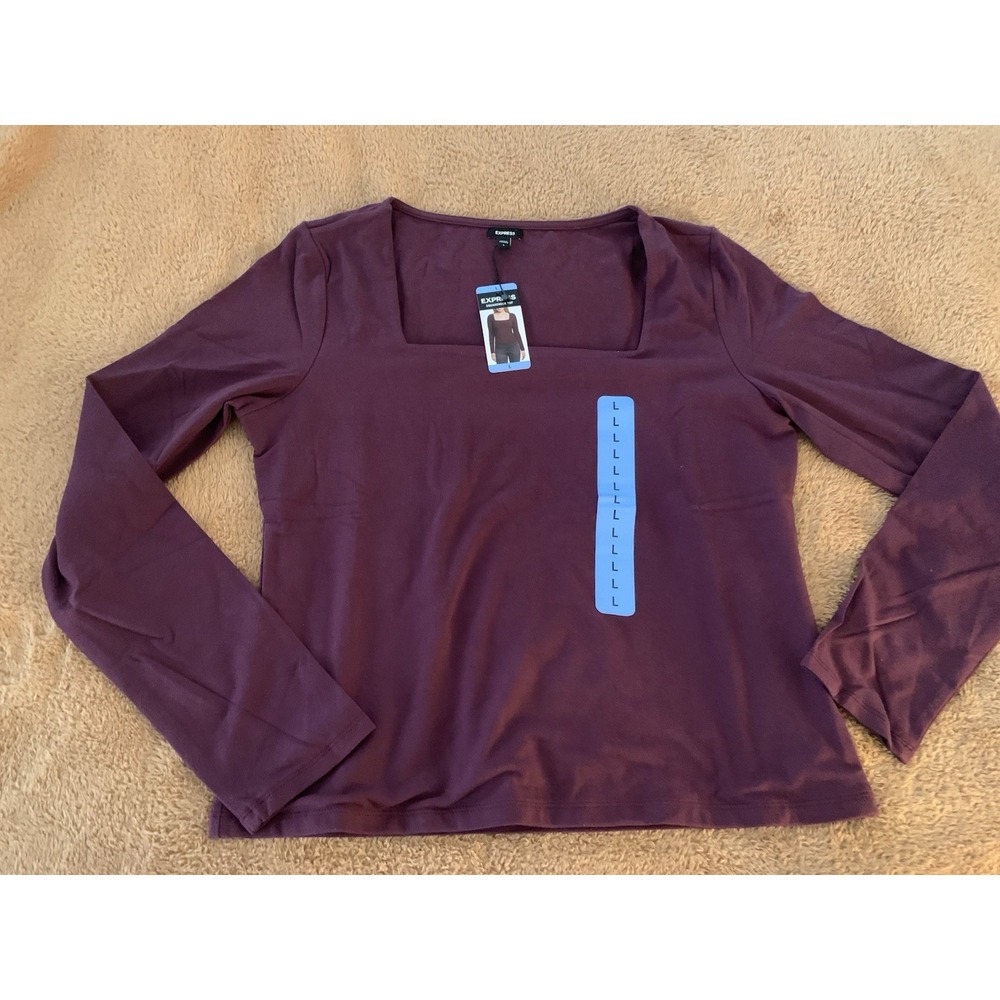 Express Women's Square Neck Long Sleeve Top Size Large Burgundy Maroon NWT